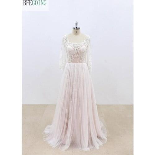 Ivory Lace Appliques Tulle Pink lining Beading Scoop Long Sleeves Floor-Length Wedding dresses Chapel Train