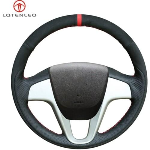 LQTENLEO Black Suede Genuine Leather Car Steering Wheel Cover For Hyundai Solaris Verna 2010-2016 i20 2008-2014 Accent 2012-2017