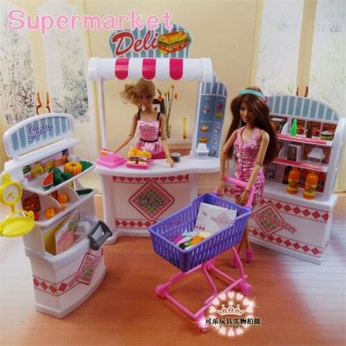 For Barbie Doll Furniture Accessories Plastic Toy Supermarket Shopping Mall Checkout Counter Push Truck Play House Gift Girl DIY