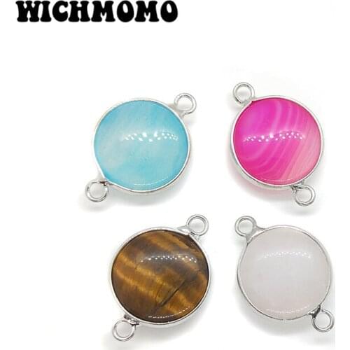 2019 New 2pcs/lot 25*17mm Natural Stone Round Charms Copper Round Double Hole Connectors Pendant for DIY Jewelry Accessories