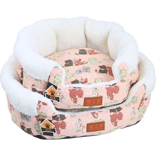Cartoon Print Pet Nest Dog Bed Winter Thickened Warm Washable Canvas Round Cat Sofe For Pet Breathable Dogs Kennel Pets Product
