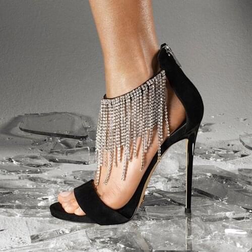 Luxury Silver Crystal Tassels Sandals Glitter Rhinestone Fringe Wedding Dress Shoes Bride Black Suede Zipper Cage Shoes