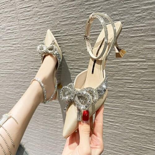 Crystal Bling Shine Stone 2021 Spring Summer New Bowknot Diamond High Heel Sandals Pointed Thin Heel Shoes Party Sandals