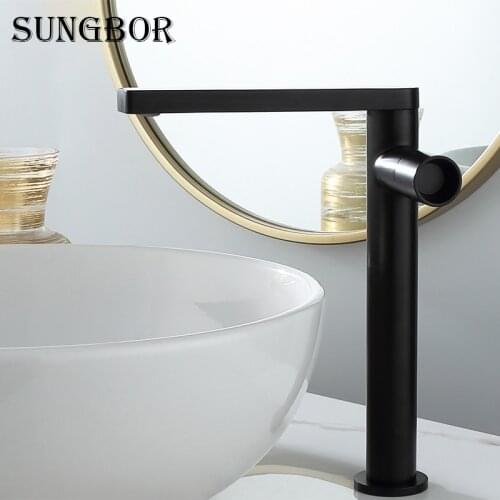 Nordic Light Luxury All Copper Brushed Gold Hot and Cold Above Counter Basin Faucet Bathroom Washbasin Rotating Black Faucet