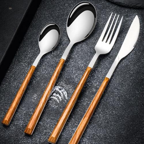 Wood Handle Stainless Steel Tableware Glossy Dinnerware Western Food Knife fork Teaspoon Cutleries Durable Fork Spoon Knife Hot