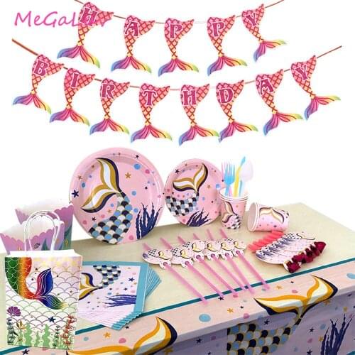 Mermaid Party Decor Disposable Tableware Paper Cups Plate Tablecloth Mermaid 1st Happy Birthday Party Favor Baby Shower Supplies