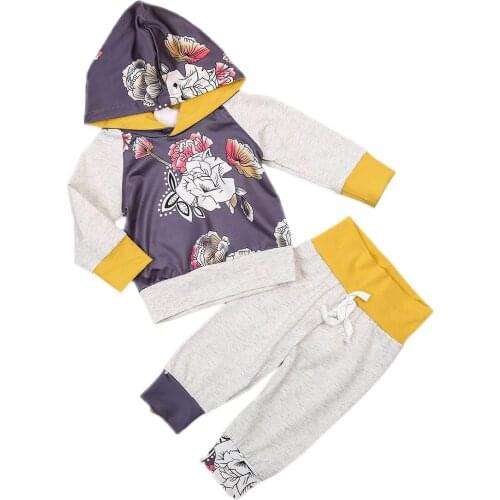 2020 Fall Spring Newborn Baby Girl Boy Clothing Set Flower Print Long Sleeve Pullover Hoodie +Elastic Waist Stitching Pants 0-3T