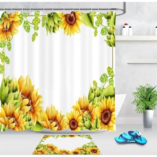 Waterproof Polyester Sunflower Shower Curtain Plants Yellow Flower Cloth Fabric Bathroom Decor Bath Curtain with 12 Hooks