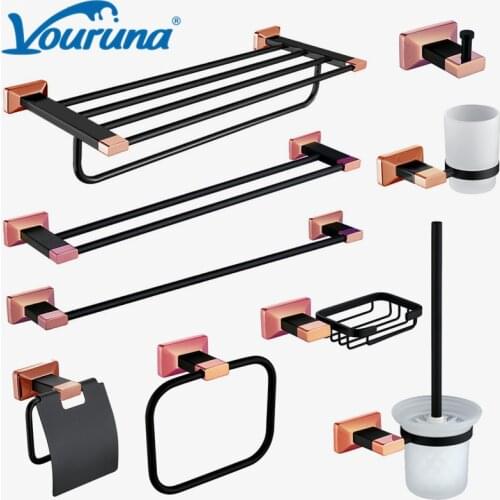 VOURUNA NEW Black Rose Golden 304SUS Bath Hardware Set Bathroom Accessory Collection Toilet Paper Holder Towel Rail Soap Basket