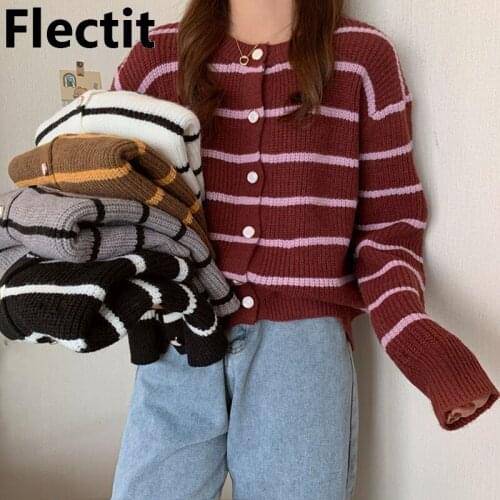 Flectit Striped Knit Cardigan With Long Sleeve O-Neck Button Up Sweater Women School Girl Spring Autumn Knitwear