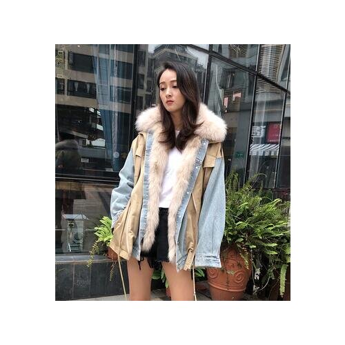 2020 Autumn winter new fashion hood parka denim jacket female high waist single row buckle fake coat large size