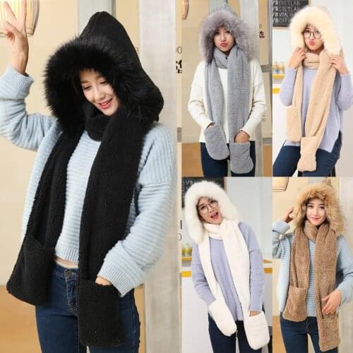 40#Women Thick Wool Collar Hat Ear Protectors Warm Plush Hat Scarf Gloves Set Solid Color Faux Fur Fluffy Fleece Windproof Cap