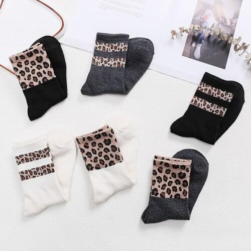 Hot Retro Leopard Print Cotton Blends Women Socks Fashion High Street Popular Stripe Leopard Socks Winter Warm Cozy Socks