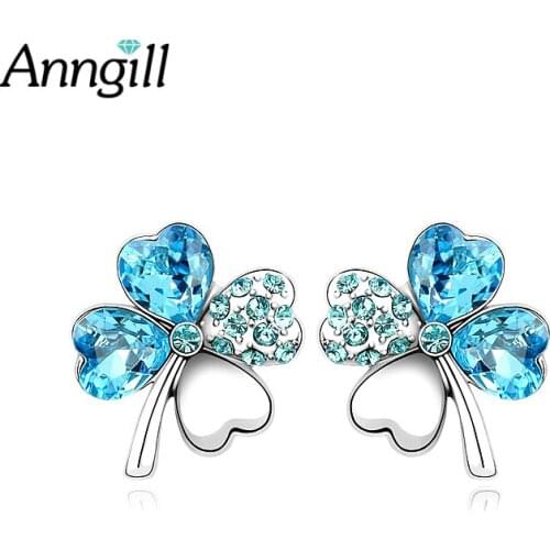 Lucky Clover Stud Earrings For Women Female Love Heart Crystals From Swarovski Sweet Earring Bijoux Jewelry Brincos Mujer