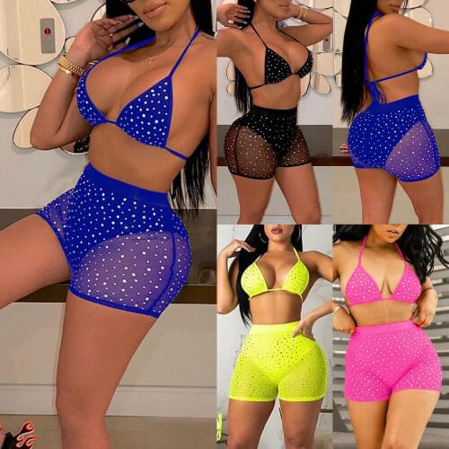 Women Shiny Glitters Sparkles Bikini Set Summer Crystal Push-up High Waist Bikini Set Bathing Suit Swimsuit Two Piece Swimwear