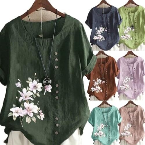Womens Summer New Fashion O-neck Flower Print Short-sleeved Top Loose Linen T-shirt Casual Top S-5XL