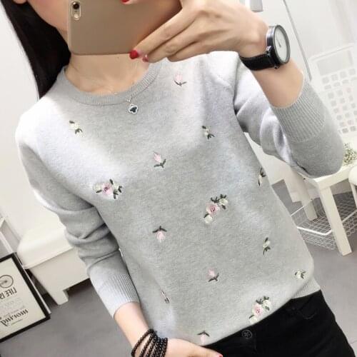2019 Spring New Womens Embroidery Sweater Pullover Loose Wear Short Wild Long-Sleeved Knit Bottoming Shirt Autumn Female B121