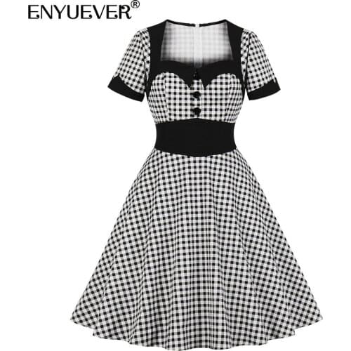 Enyuever Plaid Vintage Dress Women Summer Clothing Short Sleeve High Waist Robe Pin Up Swing Retro Party Elegant Casual Dresses