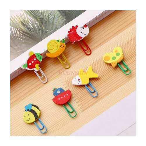 12pcs Paper Clip Bookmark Cute Paper Clip Color Paper Clip Wood Animal Cartoon Metal Candy Color Girl Heart Shaped