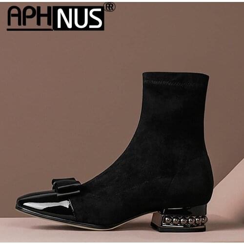 APHNUS Womens Boots Bowtie Short Ankle Booties Mid High Heels Pumps Woman 2020 Shoes For Women New Boot