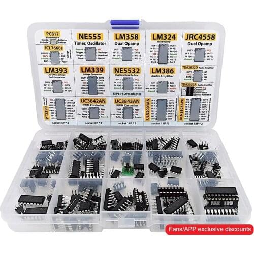XL IC Chip Assortment 150 pcs, opamp, oscillator, pwm, PC817, NE555, LM358, LM324, JRC4558, LM393, LM339, NE5532, LM386, TDA2030