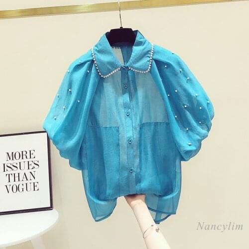 Blouses Femme 2021 Summer New Puff Sleeve Chiffon Shirt Loose Beaded Lapel Tops Solid Color All-Match Female Blusas Mujer