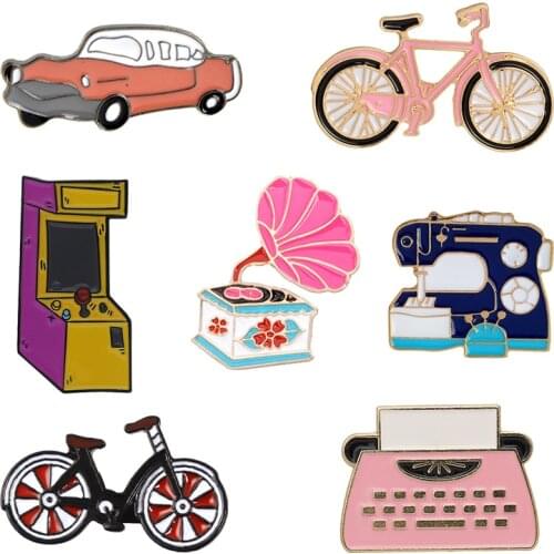 Retro Game Machine Typewriter Phonograph Bicycle Car Sewing Machine Enamel Pins Classic Vintage Daily Supplies Brooches Badges