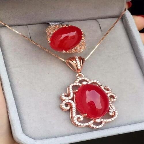 KJJEAXCMY boutique jewels 925 Pure silver inlay natural red jade medulla ring + pendant suit shaped goddess iris ribbon