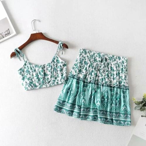 Two Piece Women Boho Clothes Sets Summer Floral Skirt +Cami Crop Top A-line Skirt Beach Holiday Sexy Suits Sundress 2020 New
