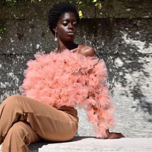 Coral Tulle Ruffles Tiered Top Sleeve Tops Shirt Fashion Off Shoulder Short Blouse Casual Custom Made Women Top топ женски