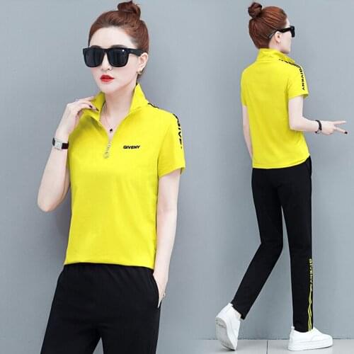 Summer New tracksuit for women Large size Lady suit Short sleeve running sports suit tops and pants trend two piece set 1432