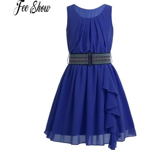 Summer Casual Daily Clothes Chiffon Pleated Ruffled Party Birthday Dress with Belt for Kids Girls Children Summer Dress