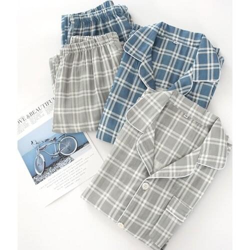 Mens Pajamas Spring and Autumn Cotton Gauze Sleepwear for Man Plaid Lapel Cardigan Long-Sleeved Trousers Thin Casual Homewear