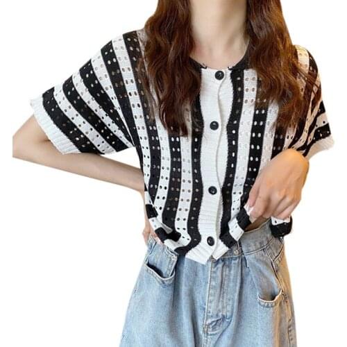 Gentle Wind outside Summer Turn Down Collar Light Mature Temperament Striped Bottoming Knitted Hollow out Short Sleeves