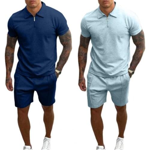 New Stylish Solid Color Sports Suit Pockets Two Piece Turn-down Collar T-shirt Shorts Men Loose Leisure Tracksuit Activewear