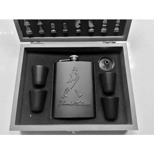Original Buotique Wood Boxed Satrançlı Leather Plated Flask Set