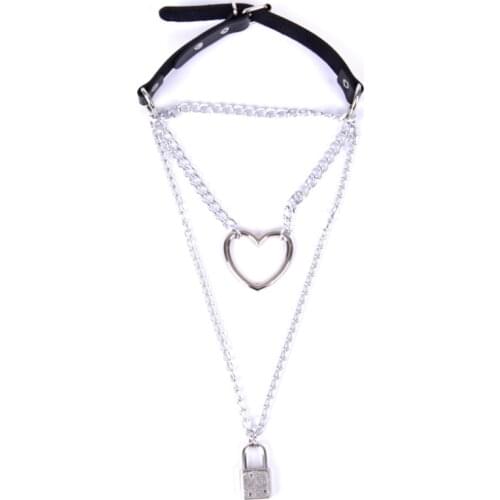 Gothic Heart Lock Chain Necklace Multilayer Punk Choker Collar Goth Pendant Necklace Women Black Leather Jewelry