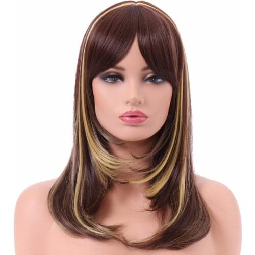 BESTUNG Synthetic Layered Natural Wavy Wigs with Bangs Brown and Highlights Blonde Long Hair Wig for Women