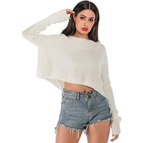Womens Trendy Knitted Thin Pullover Sweaters Solid O-Neck Long Sleeves Oversized Knitting Cropped Pullover Sweater Autumn 2021