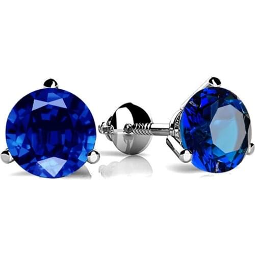 Blue Crystal Zircon Screw Back Earrings For Women 925 Sterling Silver Lab Sapphire Stud Earrings 3 Claw Round Birthstone Jewelry