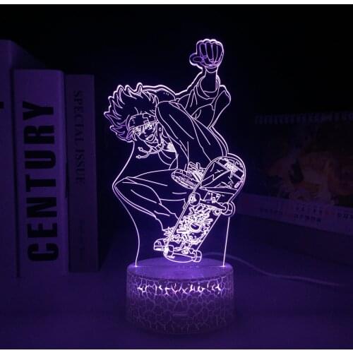 Skateboard Boy Visual Illusion White Cracked Base 3D LED Lamp Anime Figure Night Light for Couple Children Holiday Birthday Gift