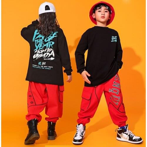 2021 Hip Hop Dance Costumes For Kids Black Long Sleeve Tops Red Pants Jazz Modern Dance Costumes Rave Clothes Stage Wear DQS6775