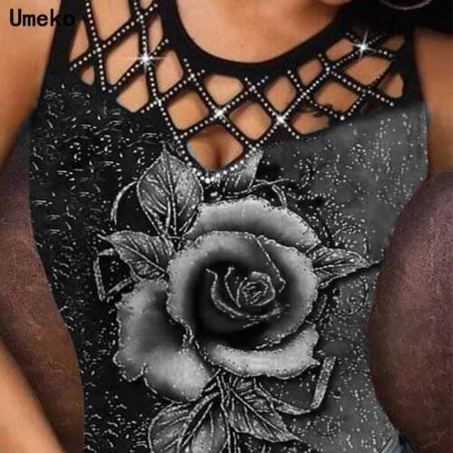 Umeko Plus Size 5XL Womens New Vest 2021 Summer Rose Print Sexy Hollow Sleeveless Top Fashion Casual Sleeveless T-shirt Y2k Top