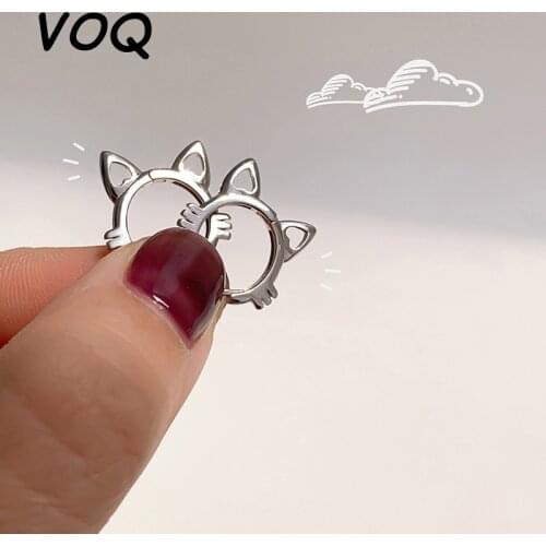 VOQ 925 Sterling Silver Hollow Cat Ear Buckle Cute Cat Girl Model Suitable for Wmen Earrings Exquisite