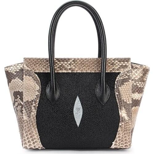 Authentic Real Stingray Leather Womens Trapeze Purse Genuine Python Snakeskin Female Large Shoulder Bag OL Lady Working Handbag