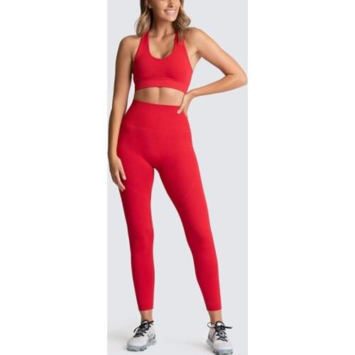 Women Seamless Yoga Set Sportswear Knitted Ribbed Fast Dry Workout Gym Clothing Fitness Sleeveless Crop Top High Waist Leggings