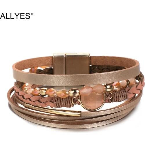 ALLYES Crystal Beads Charm Leather Bracelet for Women Magnetic Clasp Multilayer Bohemian Braided Wrap Bracelets Jewelry