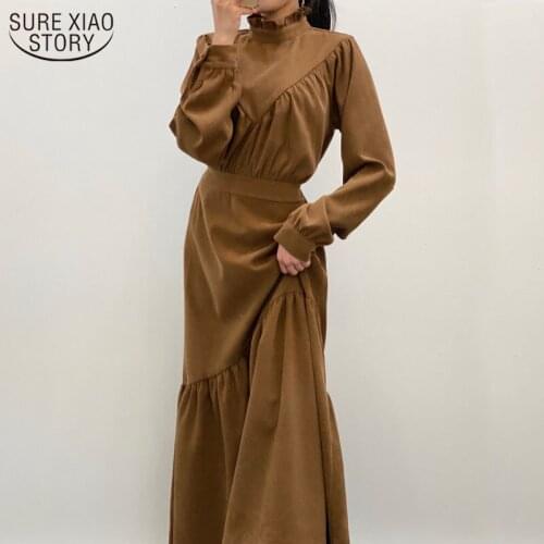Korea Irregular Ruffled Waist Straps Women Dress Long Sleeve High Waist Pleated Dress Women Vestido Female 12802