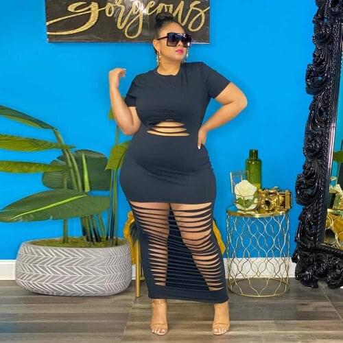 XL-5XL Black Red Plus Size Oversized Women Dress Sexy Round Neck Short Sleeve Bandage Dress Summer Hollow Out Party Long Dress