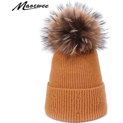 Winter Hat Women Knitted Beanie With Real Fur Pompon Outdoor Warm Soft Trendy Hats Wool Skullies Beanies Elegant Solid Color Cap